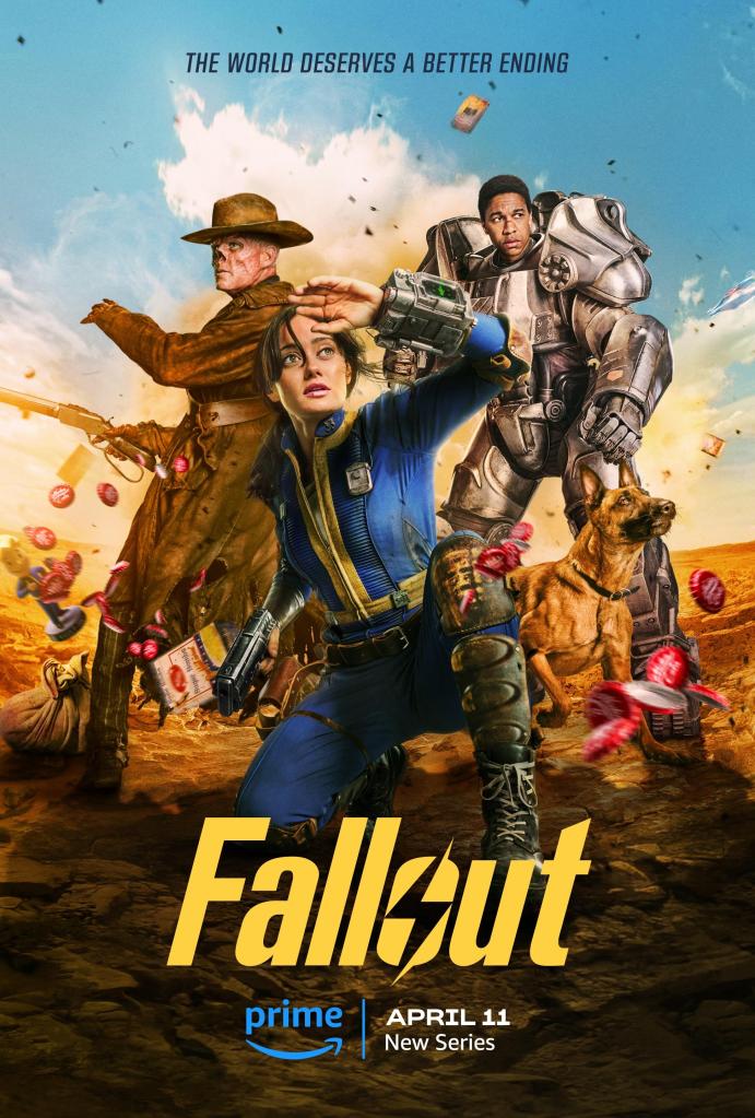 Cooper, Maximus, Ella, and Dogmeat on the cover of the Fallout poster.